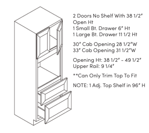 Diagram of a two-door cabinet with detailed measurements and shelf notes.
